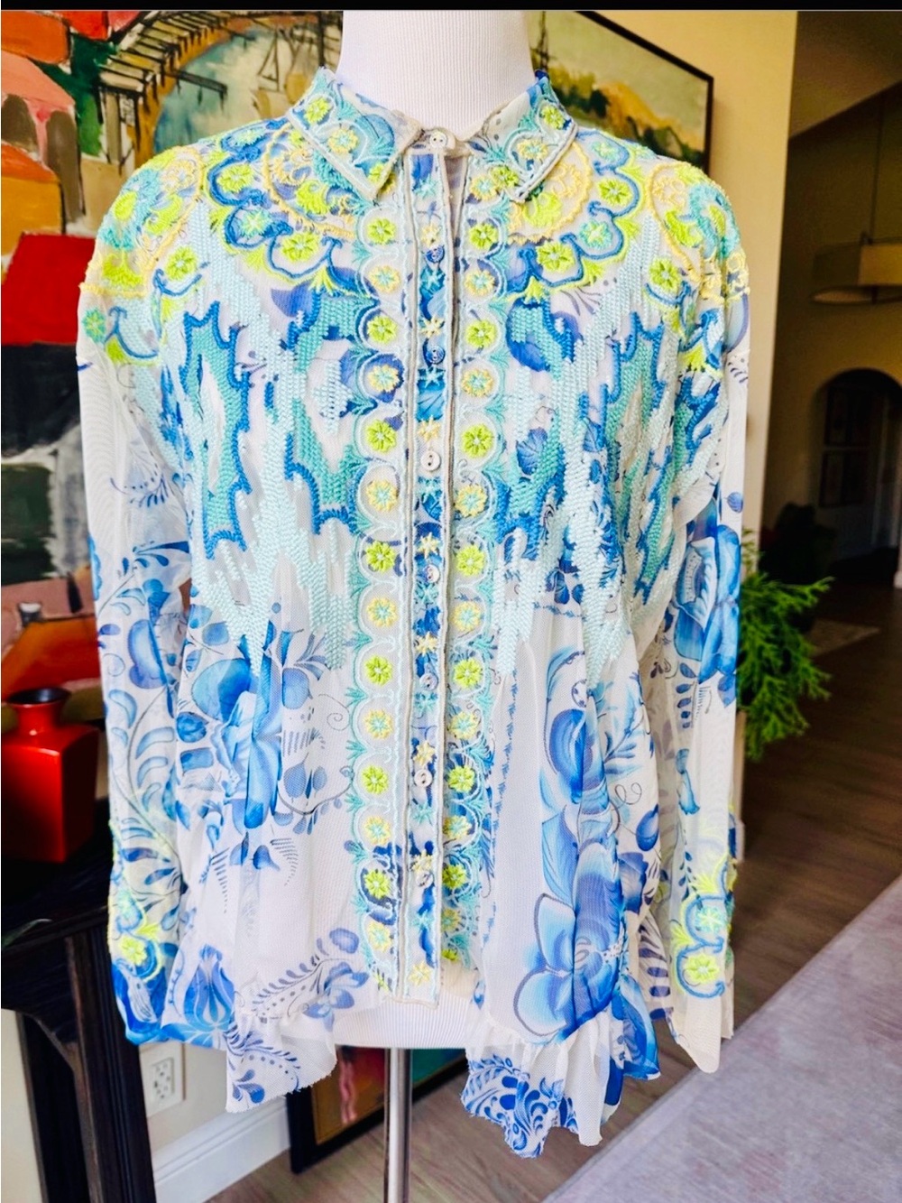 Johnny Was Blue, Aqua & Lime Floral Embroidered Blouse